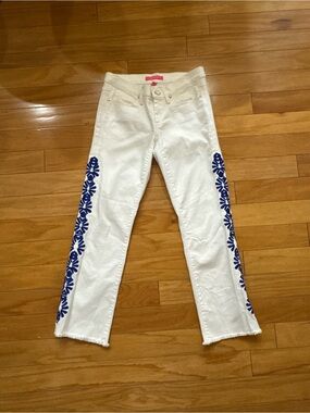 Lilly Pulitzer South Ocean Lapiz Blue Embroidered Crop Resort White Pants Size 4